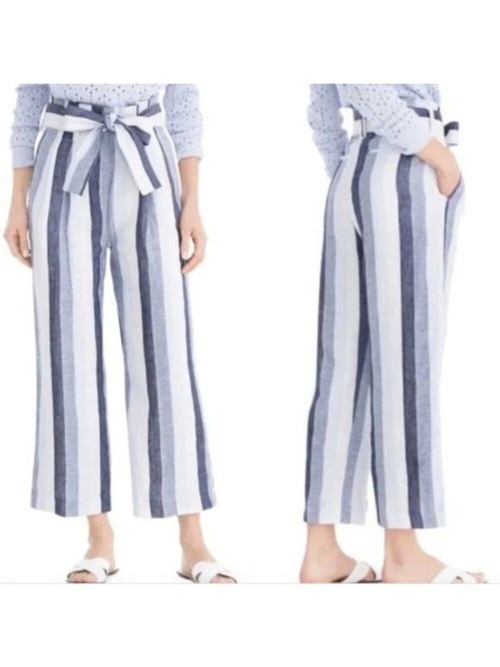 J.Crew Point Sur Paper Bag Linen Striped Wide Leg Pants L2547 Sz 00 NWOT - Picture 3 of 13
